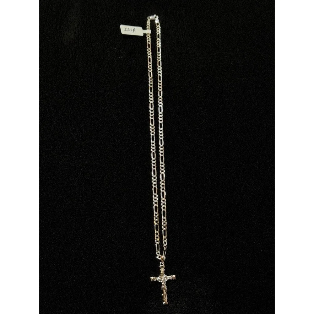 925 Sterling Silver Crucifix Cross Pendant Figaro Chain Necklace 22 Inch 16.7g